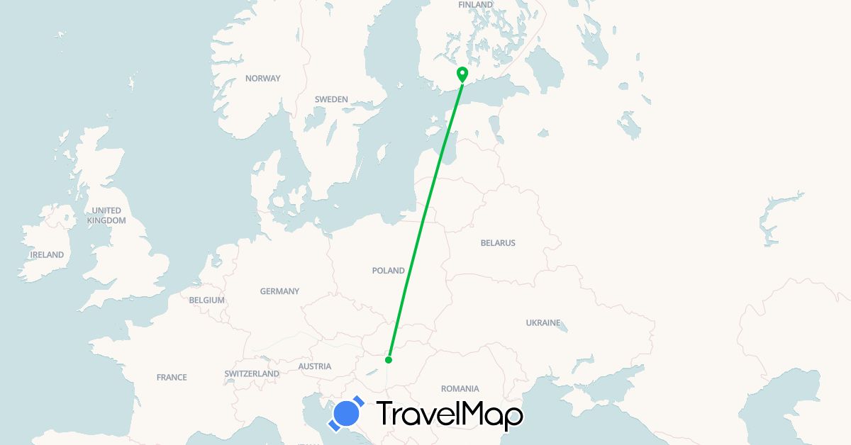 TravelMap itinerary: bus, plane in Finland, Hungary (Europe)